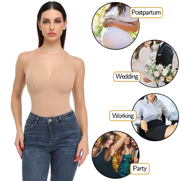 Shapewear Bodysuit Thong Shaper for Women Waist Trainer Body Shaper Deep V Neck Slimming Underwear Built-in Bra Camisoles Tops