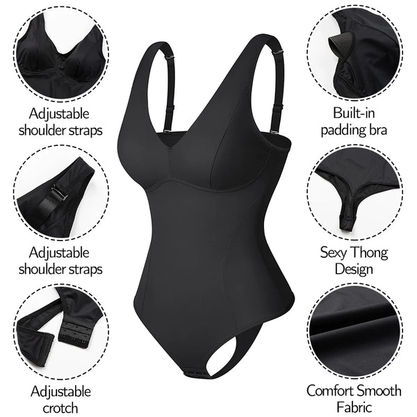 Shapewear Bodysuit Thong Shaper for Women Waist Trainer Body Shaper Deep V Neck Slimming Underwear Built-in Bra Camisoles Tops
