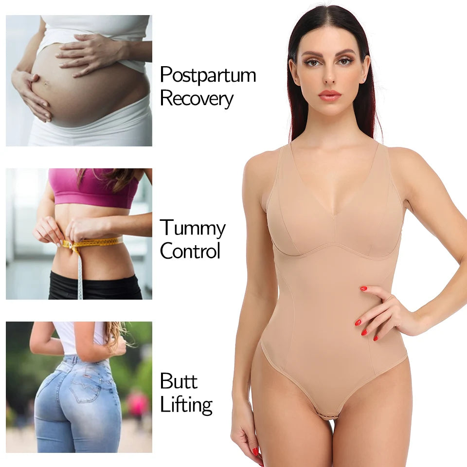 Shapewear Bodysuit Thong Shaper for Women Waist Trainer Body Shaper Deep V Neck Slimming Underwear Built-in Bra Camisoles Tops
