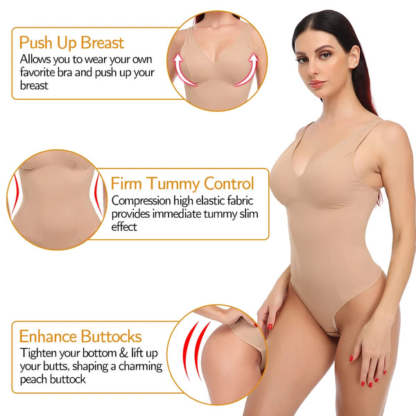 Shapewear Bodysuit Thong Shaper for Women Waist Trainer Body Shaper Deep V Neck Slimming Underwear Built-in Bra Camisoles Tops
