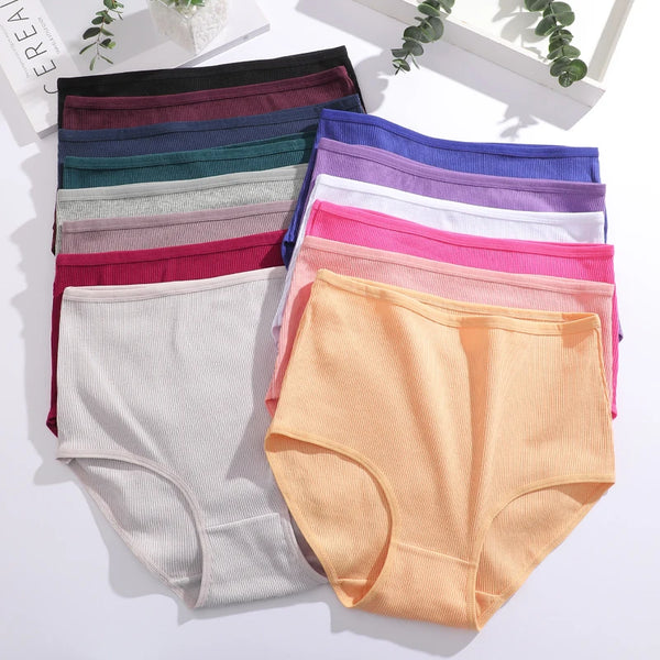 4Pcs/Set Cotton Striped Underwear Women's Plus Size High Waist Panties Lady Breathable Solid Color Briefs Soft Lingerie Shorts