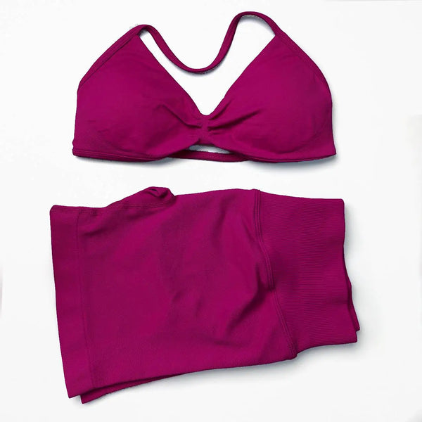 Seamless 2 Pieces Strappy Yoga Halter Bras Sets Scrunch Butt Sports Shorts Quick Dry Backless Gym Crop Tops with Pad Push Up Set