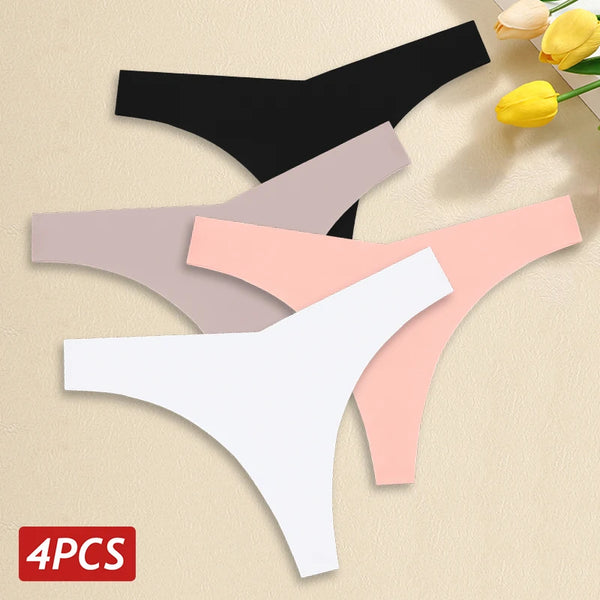 4PCS Women Seamless Ice Silk Thongs Sexy Low Waist Panties Ultra Thin Breathable T-Back Underwear No Trace Intimates Lingerie