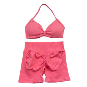 2 Pieces Gym Set Women Workout Clothes Scrunch Shorts Set Halter Sports Bra Fitness Top Woman Sportswear Yoga Set Outfits