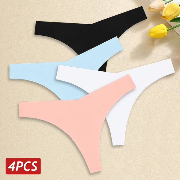 4PCS Women Seamless Ice Silk Thongs Sexy Low Waist Panties Ultra Thin Breathable T-Back Underwear No Trace Intimates Lingerie