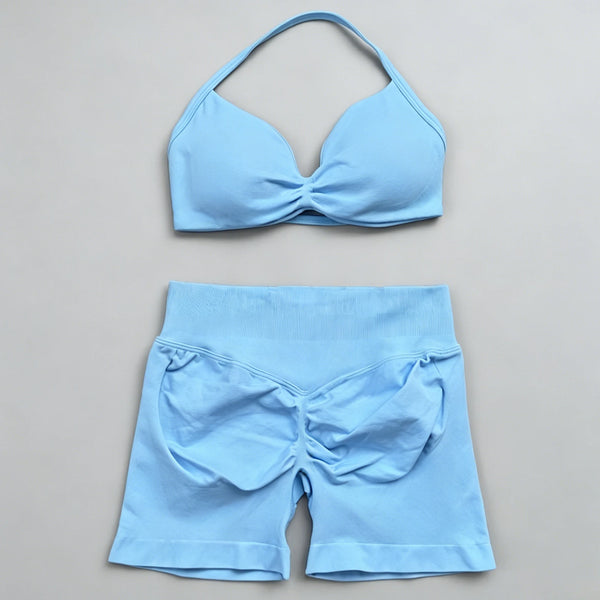 2 Pieces Gym Set Women Workout Clothes Scrunch Shorts Set Halter Sports Bra Fitness Top Woman Sportswear Yoga Set Outfits