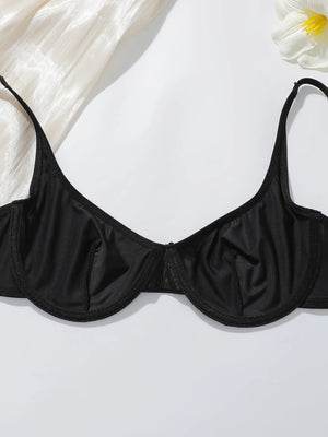 High end satin fabric women's bra set black, suitable for daily wear and formal occasions French elegant style set MR2938