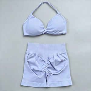 2 Pieces Gym Set Women Workout Clothes Scrunch Shorts Set Halter Sports Bra Fitness Top Woman Sportswear Yoga Set Outfits