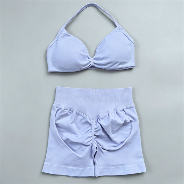 2 Pieces Gym Set Women Workout Clothes Scrunch Shorts Set Halter Sports Bra Fitness Top Woman Sportswear Yoga Set Outfits