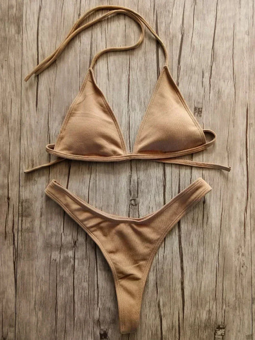 Bandeau Tanga Bikinis Ribbed Bikini 2025 Sexy High Cut Bikini Set Brazilian Swimsuit Thong Swimwear Women Girls Swimming Suit