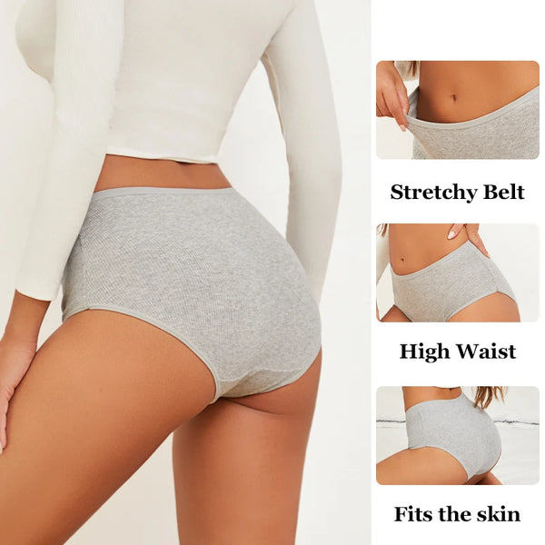 4Pcs/Set Cotton Striped Underwear Women's Plus Size High Waist Panties Lady Breathable Solid Color Briefs Soft Lingerie Shorts