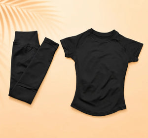 NoLogo Women Seamless Workout Set Short Sleeve Compression Top High Waist Scrunch Leggings Fitness Activewear Suit