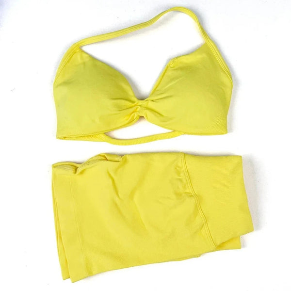 2 Pieces Gym Set Women Workout Clothes Scrunch Shorts Set Halter Sports Bra Fitness Top Woman Sportswear Yoga Set Outfits