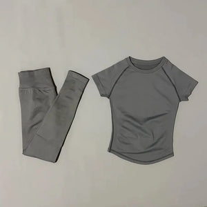 NoLogo Women Seamless Workout Set Short Sleeve Compression Top High Waist Scrunch Leggings Fitness Activewear Suit
