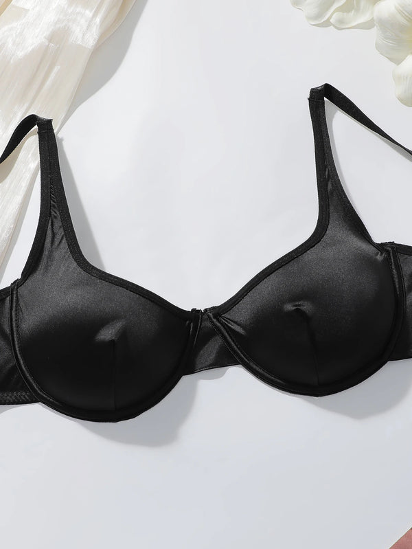 High end satin fabric women's bra set black, suitable for daily wear and formal occasions French elegant style set MR2938