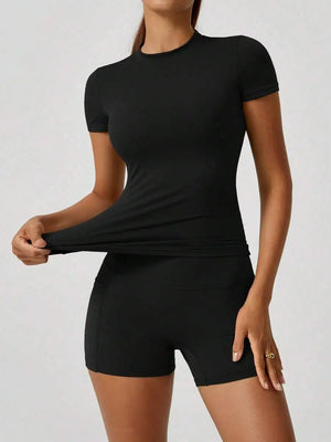 Women's Sweet Sports Short Sleeve High Waist Tummy Control Butt Lifting Shorts Set