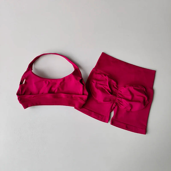 Sexy Halter Neck Beautiful Back High Waist Peach Sports Bras Shorts Suit Pilates Gathering Yoga Vest Training Fitness Bra Sets