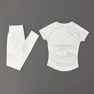 NoLogo Women Seamless Workout Set Short Sleeve Compression Top High Waist Scrunch Leggings Fitness Activewear Suit