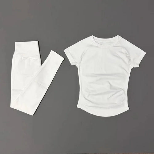 NoLogo Women Seamless Workout Set Short Sleeve Compression Top High Waist Scrunch Leggings Fitness Activewear Suit