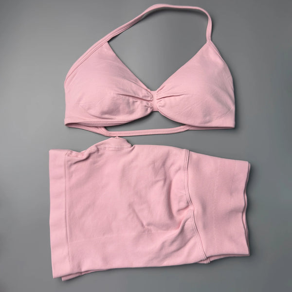2 Pieces Gym Set Women Workout Clothes Scrunch Shorts Set Halter Sports Bra Fitness Top Woman Sportswear Yoga Set Outfits