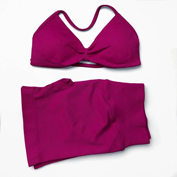 2 Pieces Gym Set Women Workout Clothes Scrunch Shorts Set Halter Sports Bra Fitness Top Woman Sportswear Yoga Set Outfits