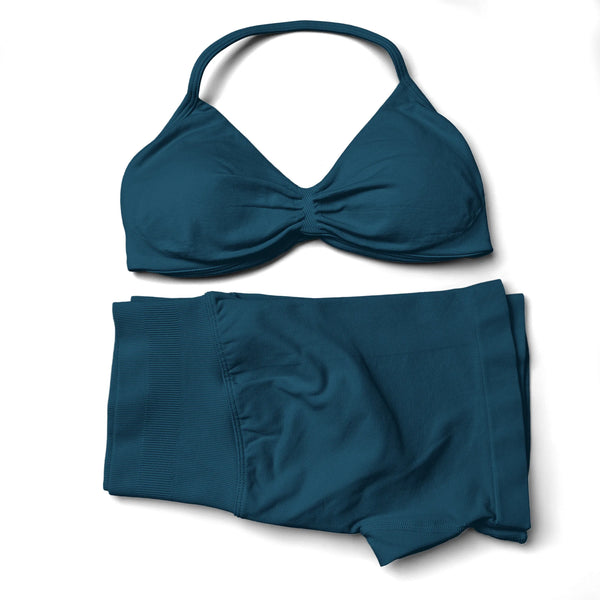 Seamless 2 Pieces Strappy Yoga Halter Bras Sets Scrunch Butt Sports Shorts Quick Dry Backless Gym Crop Tops with Pad Push Up Set
