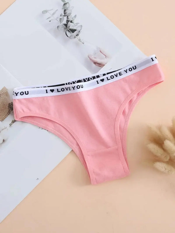 6PCS Women Letter Print Wide Waistband Cotton Bikini Panties Set, Solid Color Soft Breathable Mid Waist Daily Casual Briefs