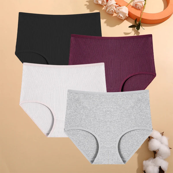 4Pcs/Set Cotton Striped Underwear Women's Plus Size High Waist Panties Lady Breathable Solid Color Briefs Soft Lingerie Shorts