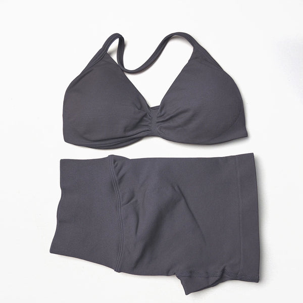 Seamless 2 Pieces Strappy Yoga Halter Bras Sets Scrunch Butt Sports Shorts Quick Dry Backless Gym Crop Tops with Pad Push Up Set