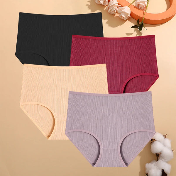 4Pcs/Set Cotton Striped Underwear Women's Plus Size High Waist Panties Lady Breathable Solid Color Briefs Soft Lingerie Shorts