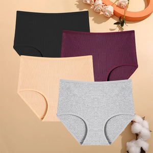4Pcs/Set Cotton Striped Underwear Women's Plus Size High Waist Panties Lady Breathable Solid Color Briefs Soft Lingerie Shorts