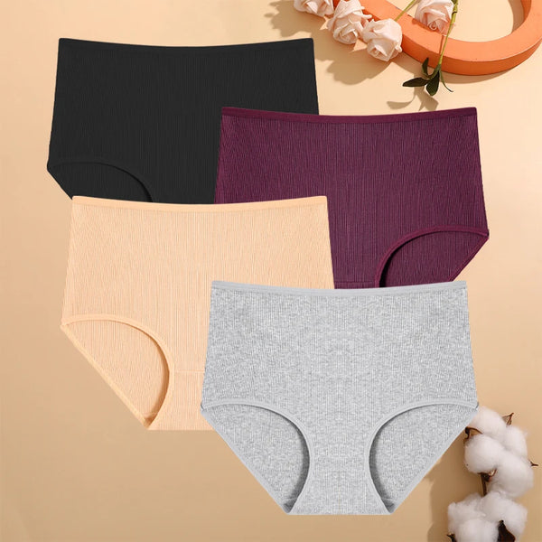 4Pcs/Set Cotton Striped Underwear Women's Plus Size High Waist Panties Lady Breathable Solid Color Briefs Soft Lingerie Shorts