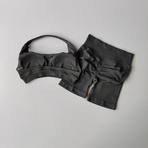 Sexy Halter Neck Beautiful Back High Waist Peach Sports Bras Shorts Suit Pilates Gathering Yoga Vest Training Fitness Bra Sets