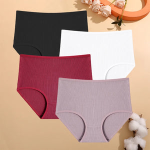4Pcs/Set Cotton Striped Underwear Women's Plus Size High Waist Panties Lady Breathable Solid Color Briefs Soft Lingerie Shorts