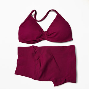 Seamless 2 Pieces Strappy Yoga Halter Bras Sets Scrunch Butt Sports Shorts Quick Dry Backless Gym Crop Tops with Pad Push Up Set