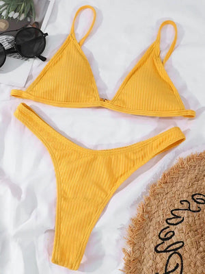 Bandeau Tanga Bikinis Ribbed Bikini 2025 Sexy High Cut Bikini Set Brazilian Swimsuit Thong Swimwear Women Girls Swimming Suit