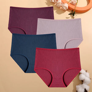 4Pcs/Set Cotton Striped Underwear Women's Plus Size High Waist Panties Lady Breathable Solid Color Briefs Soft Lingerie Shorts