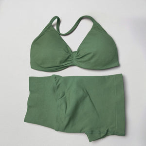 2 Pieces Gym Set Women Workout Clothes Scrunch Shorts Set Halter Sports Bra Fitness Top Woman Sportswear Yoga Set Outfits