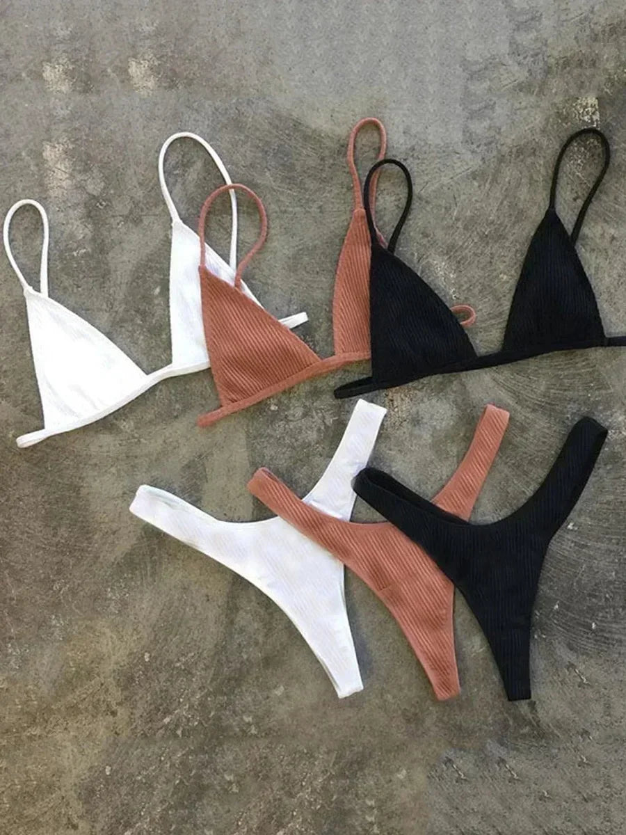 Bandeau Tanga Bikinis Ribbed Bikini 2025 Sexy High Cut Bikini Set Brazilian Swimsuit Thong Swimwear Women Girls Swimming Suit