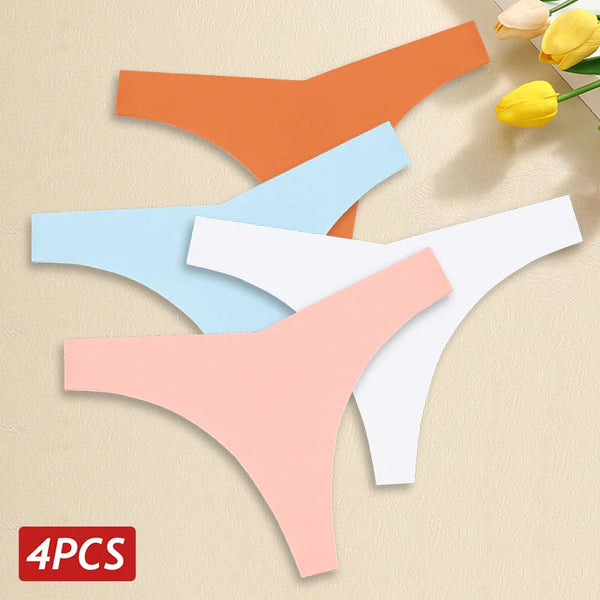 4PCS Women Seamless Ice Silk Thongs Sexy Low Waist Panties Ultra Thin Breathable T-Back Underwear No Trace Intimates Lingerie