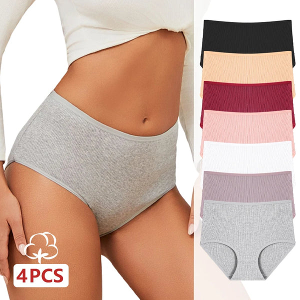 4Pcs/Set Cotton Striped Underwear Women's Plus Size High Waist Panties Lady Breathable Solid Color Briefs Soft Lingerie Shorts