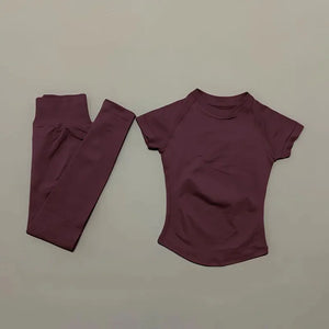 NoLogo Women Seamless Workout Set Short Sleeve Compression Top High Waist Scrunch Leggings Fitness Activewear Suit