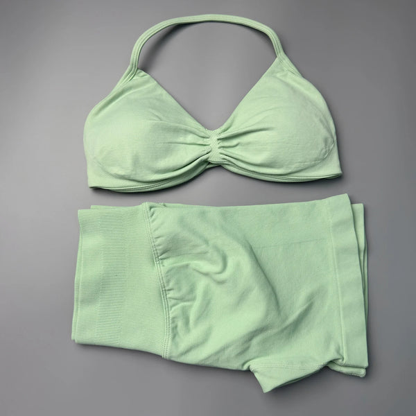 2 Pieces Gym Set Women Workout Clothes Scrunch Shorts Set Halter Sports Bra Fitness Top Woman Sportswear Yoga Set Outfits